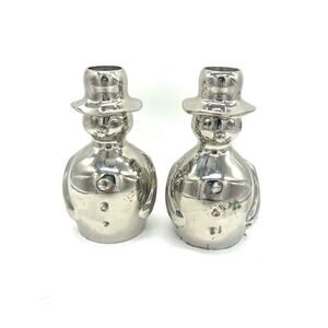 Crate & Barrel Set Silver Snowman Candle Taper Holders Heavy Winter Holiday 2